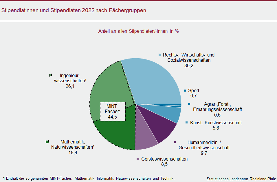 Kreisdiagramm: Stipeniatinnen und Stipendiaten 2022 nach Fächergruppen